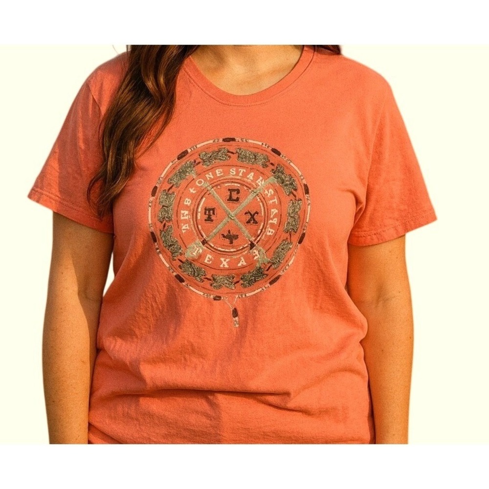 Gildan Texas Lone Star State Graphic T-Shirt Womens Large Coral Western Tee